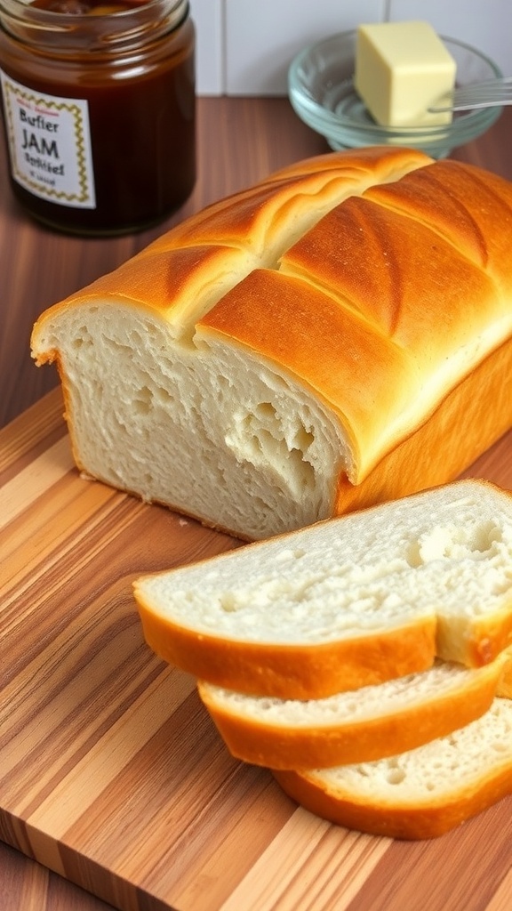 Homemade Sandwich Bread Recipe Freshly baked homemade sandwich bread loaf on a cutting board with slices visible.